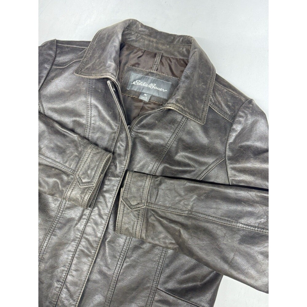 Eddie Bauer Jacket Brown Buffalo Leather Full Zip Adjustable Waist Women’s LT